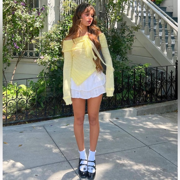 Urban Outfitters Kimchi Blue Yellow Fiona Off the Shoulder Sweater with Bow - Picture 2 of 14